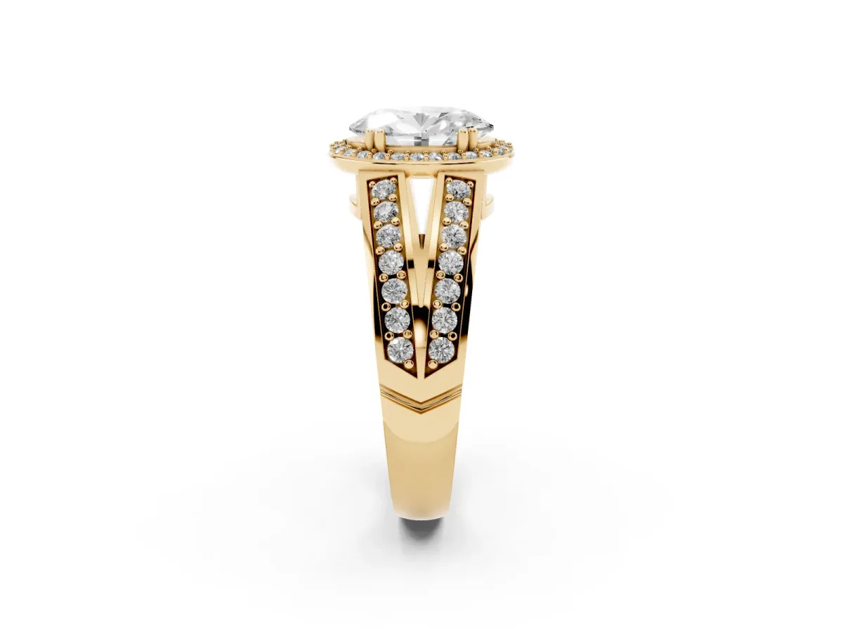 Oval Cut Diamond Halo Ring with Split Shank Pavé Band and Four-Prong Setting Yellow gold