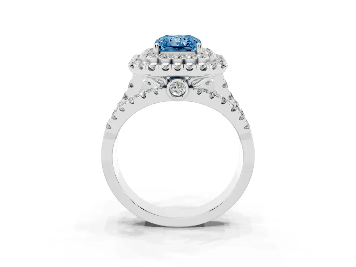 Fancy Blue Radiant Cut Diamond Double Halo Ring with Round Pavé Split Shank and Prong Setting Silver