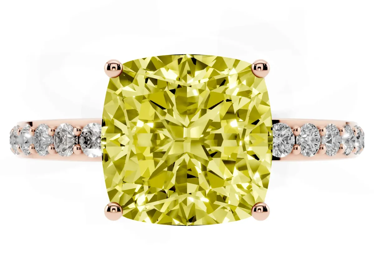 Fancy Yellow Cushion Cut Diamond Solitaire Ring with Pavé Band and Hidden Halo Rose gold