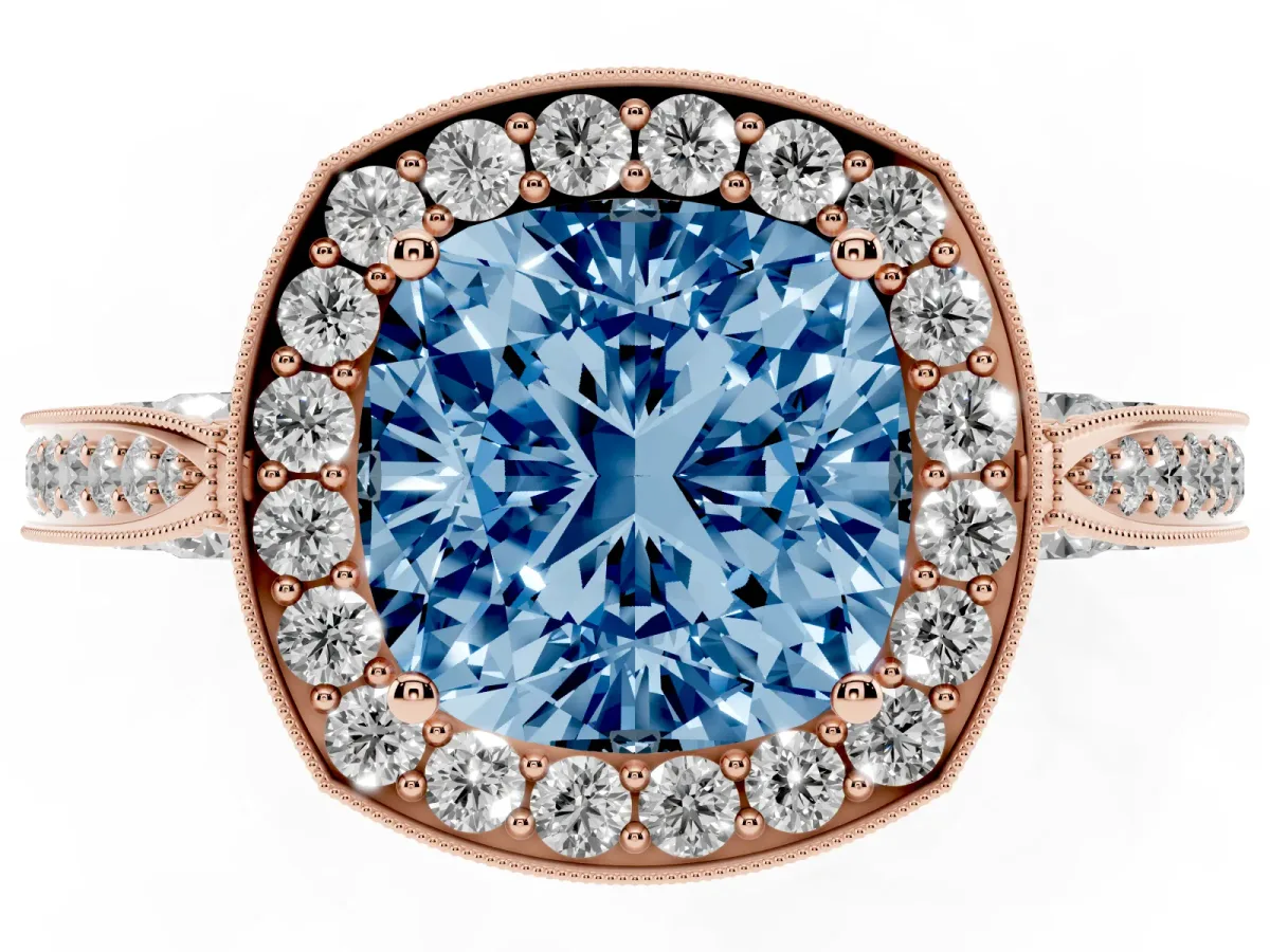 Fancy Blue Cushion Cut Halo Diamond Engagement Ring with Split Shank Band and Four-Prong Setting Rose gold