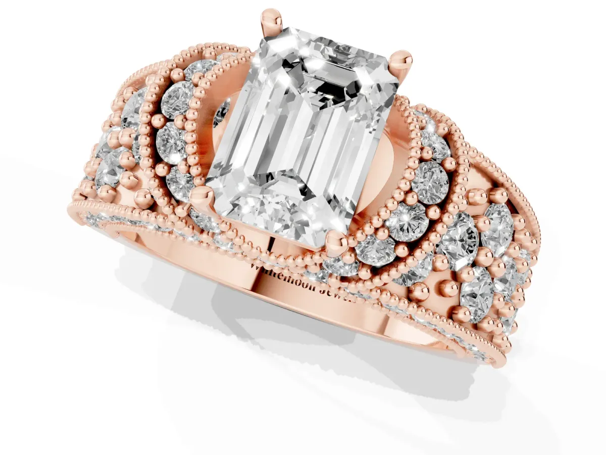 Emerald Cut Halo Pave Diamond Engagement Ring with Milgrain Detailing Rose gold