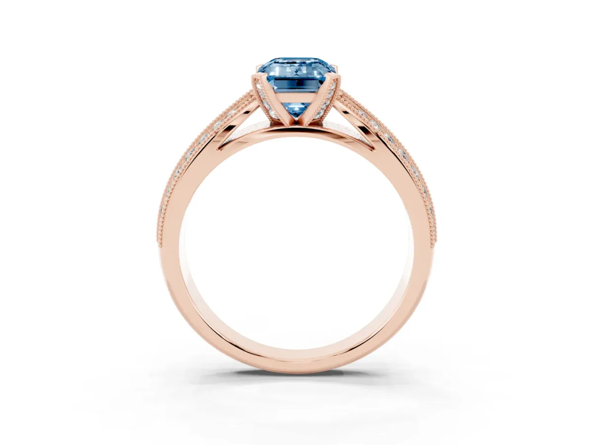 Fancy Blue Emerald Cut Diamond Solitaire Ring with Milgrain Round Pavé Band and Prong Setting Rose gold