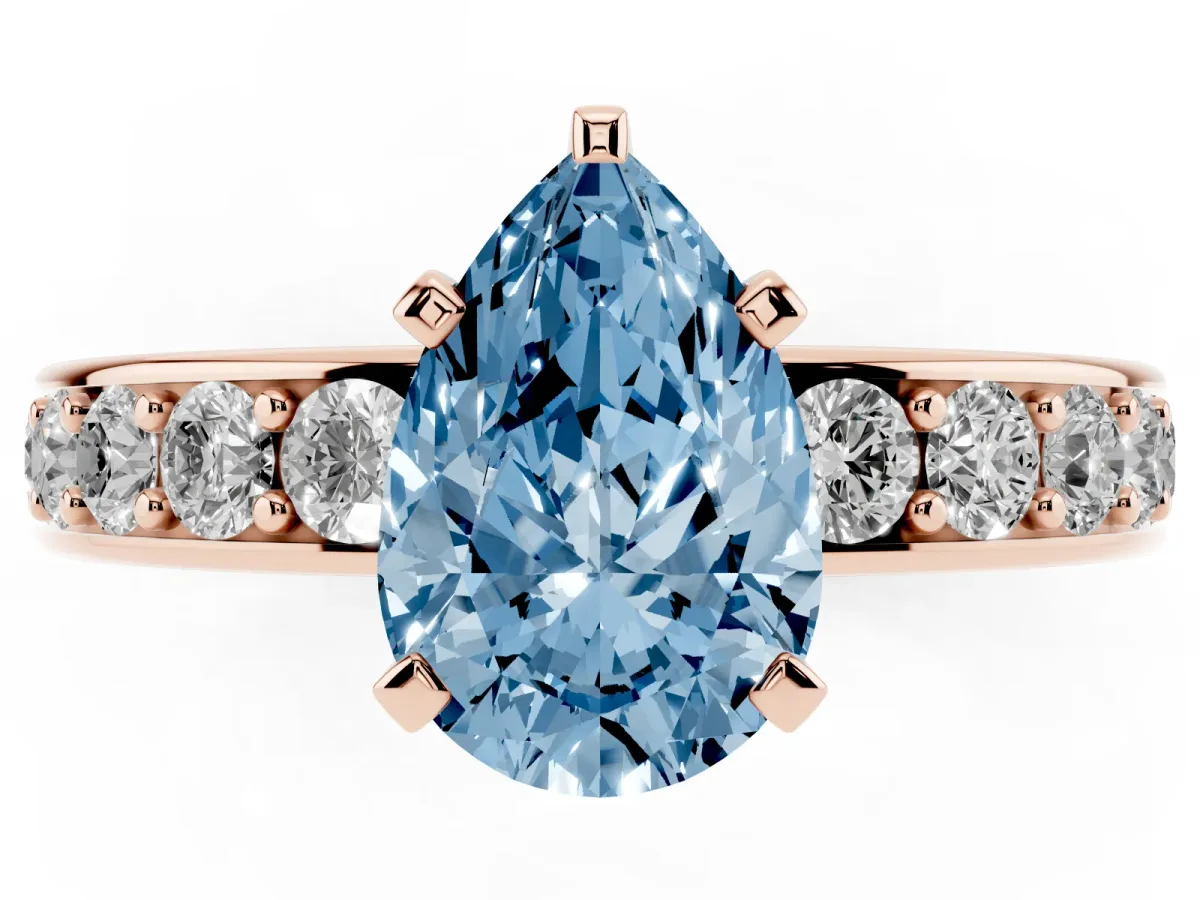 Fancy Blue Pear Cut Diamond Engagement Ring with Channel Set Round Band and Prong Setting Rose gold