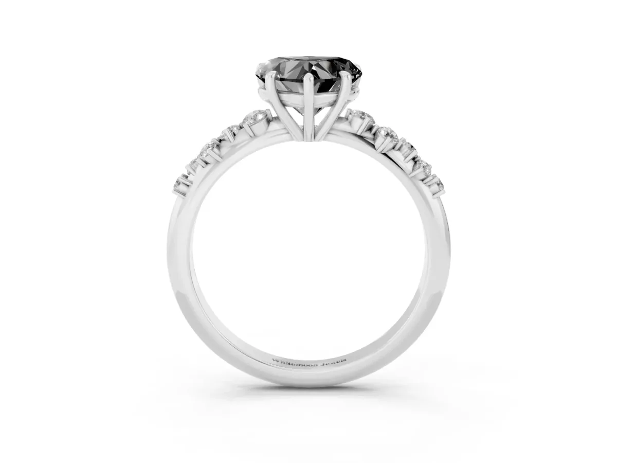 Fancy Black Heart Cut Diamond Cluster Side Stone Solitaire Ring with Prong Setting Silver