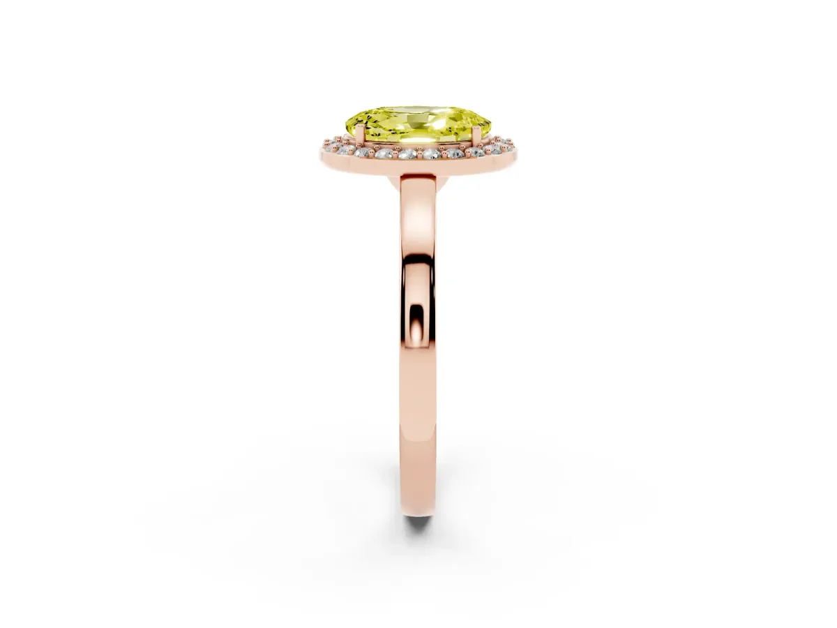 Fancy Yellow Oval Cut Halo Diamond Ring with Solitaire Band and Prong Setting Rose gold