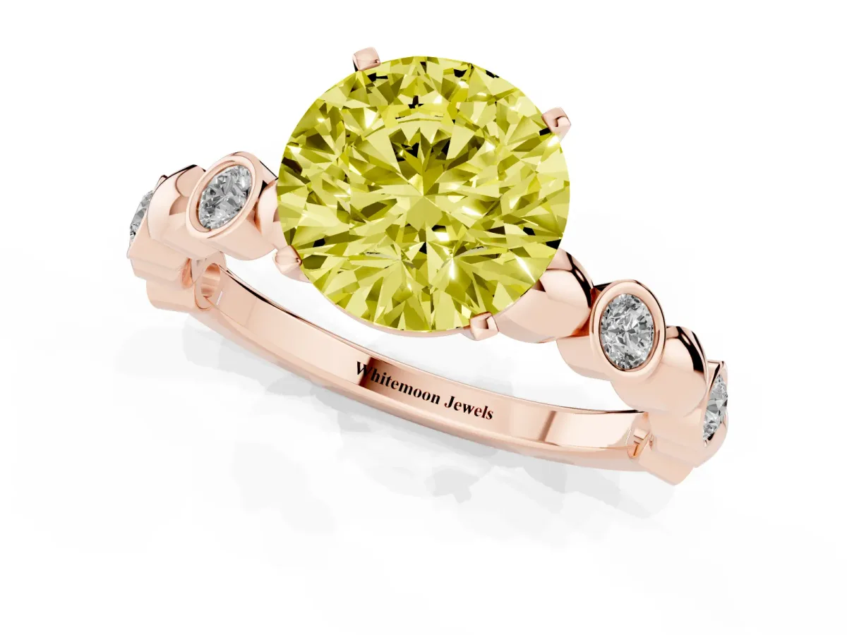 Fancy Yellow Round Cut Solitaire Bezel-Set Diamond Ring with Beaded Band and Four-Prong Setting Rose gold
