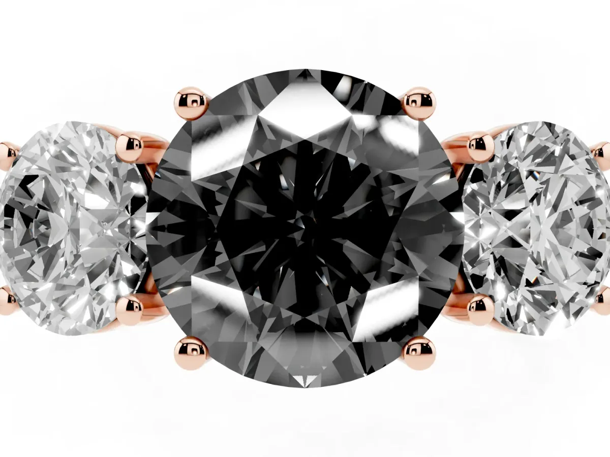 Fancy Black Three-Stone Round Cut Diamond Ring with Round Pavé Band and Prong Setting Rose gold