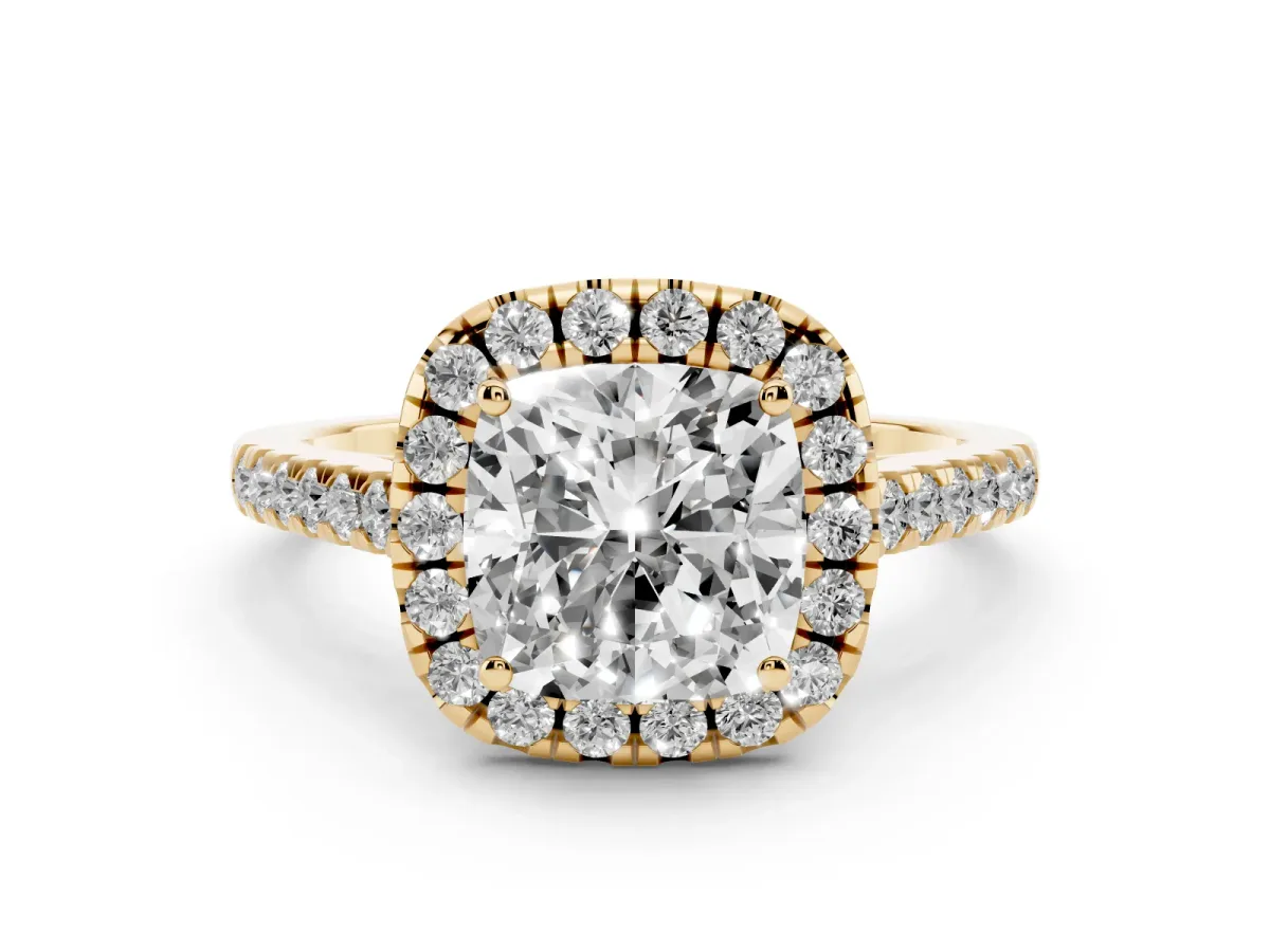 Cushion Cut Halo Pavé Diamond Engagement Ring with Four-Prong Setting Yellow gold