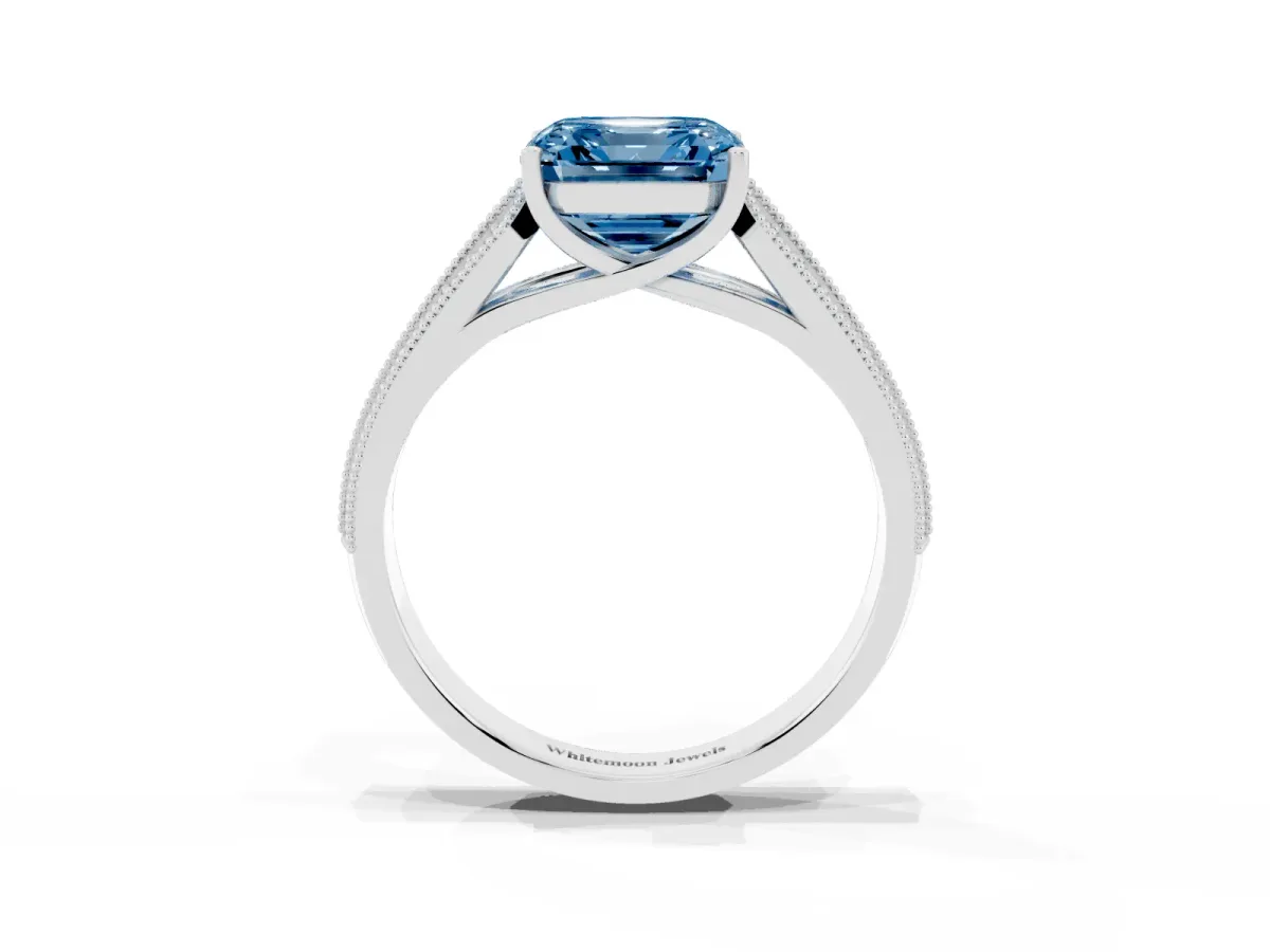 Fancy Blue Asscher Cut Cut Pave Split Shank Engagement Ring with Four-Prong Setting Platinum