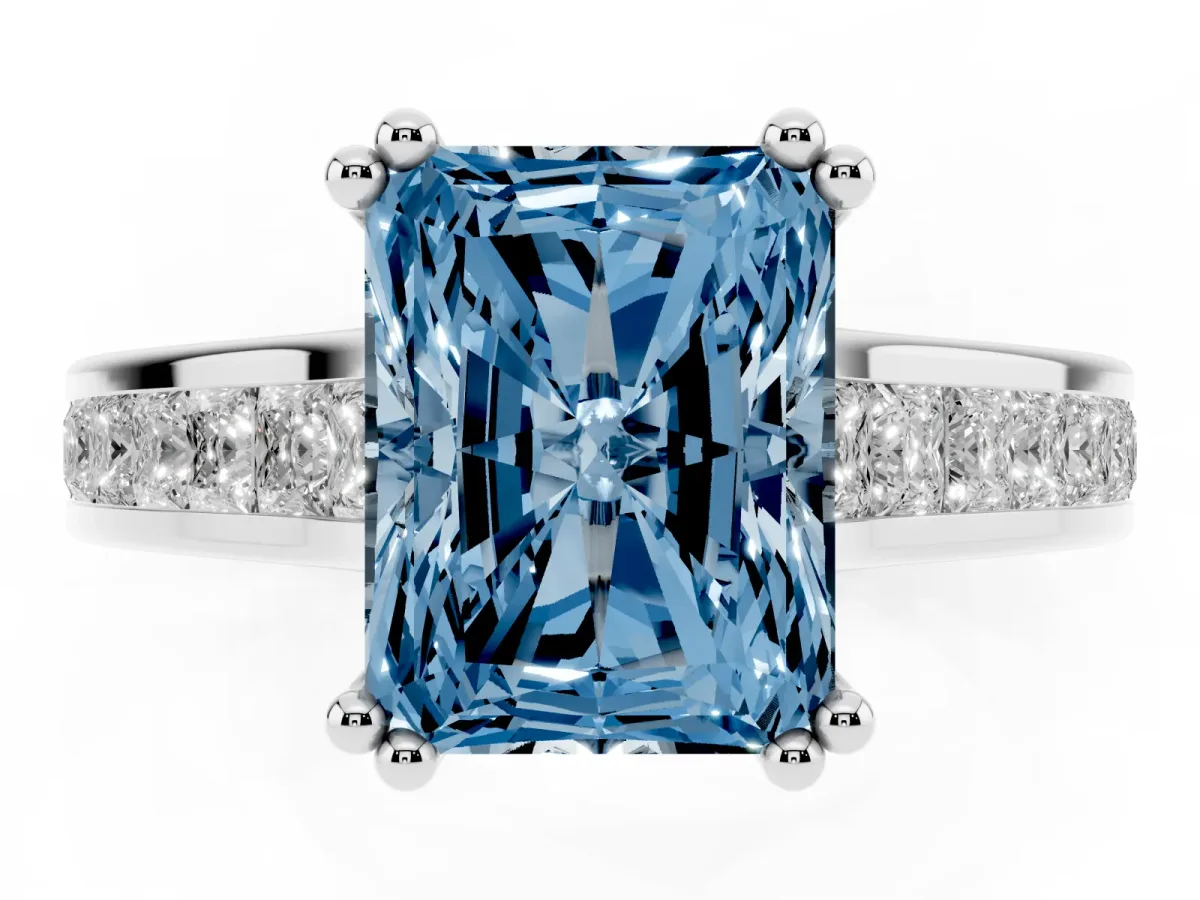 Fancy Blue Radiant Cut Cut Channel Set Solitaire Engagement Ring with Prong Setting Platinum