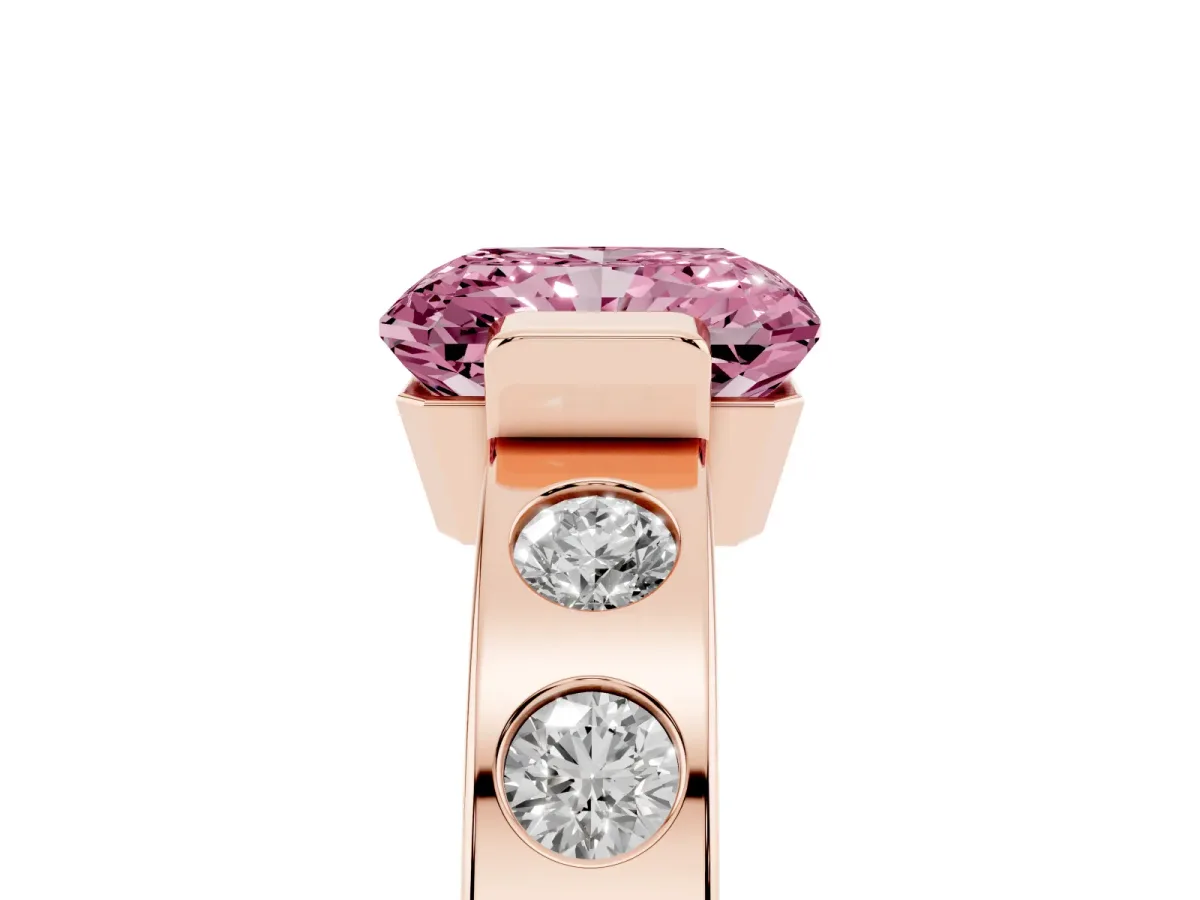 Fancy Pink Radiant Cut Brilliant Channel-Set Diamond Ring with Bezel Prong Setting Rose gold