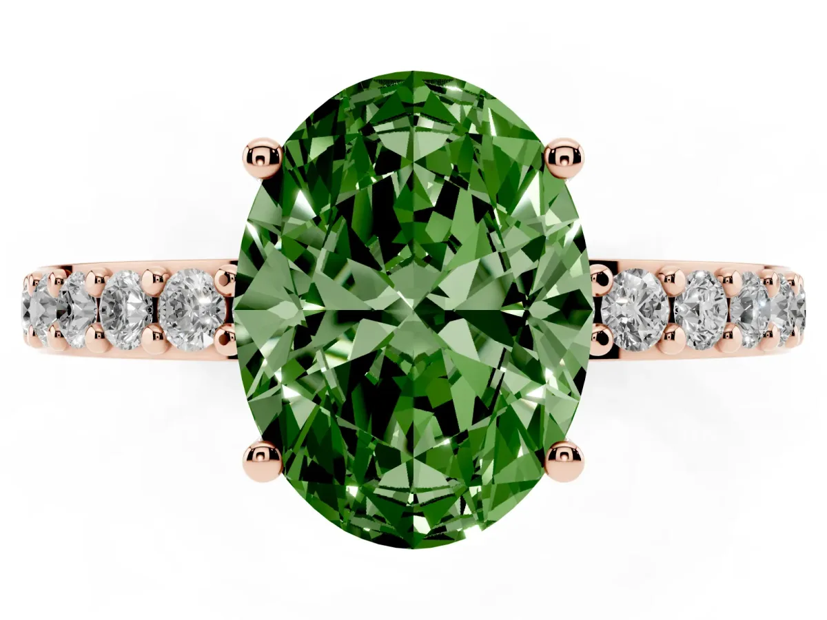 Fancy Green Oval Cut Cut Diamond Solitaire with Pave Band and Four-Prong Setting Rose gold