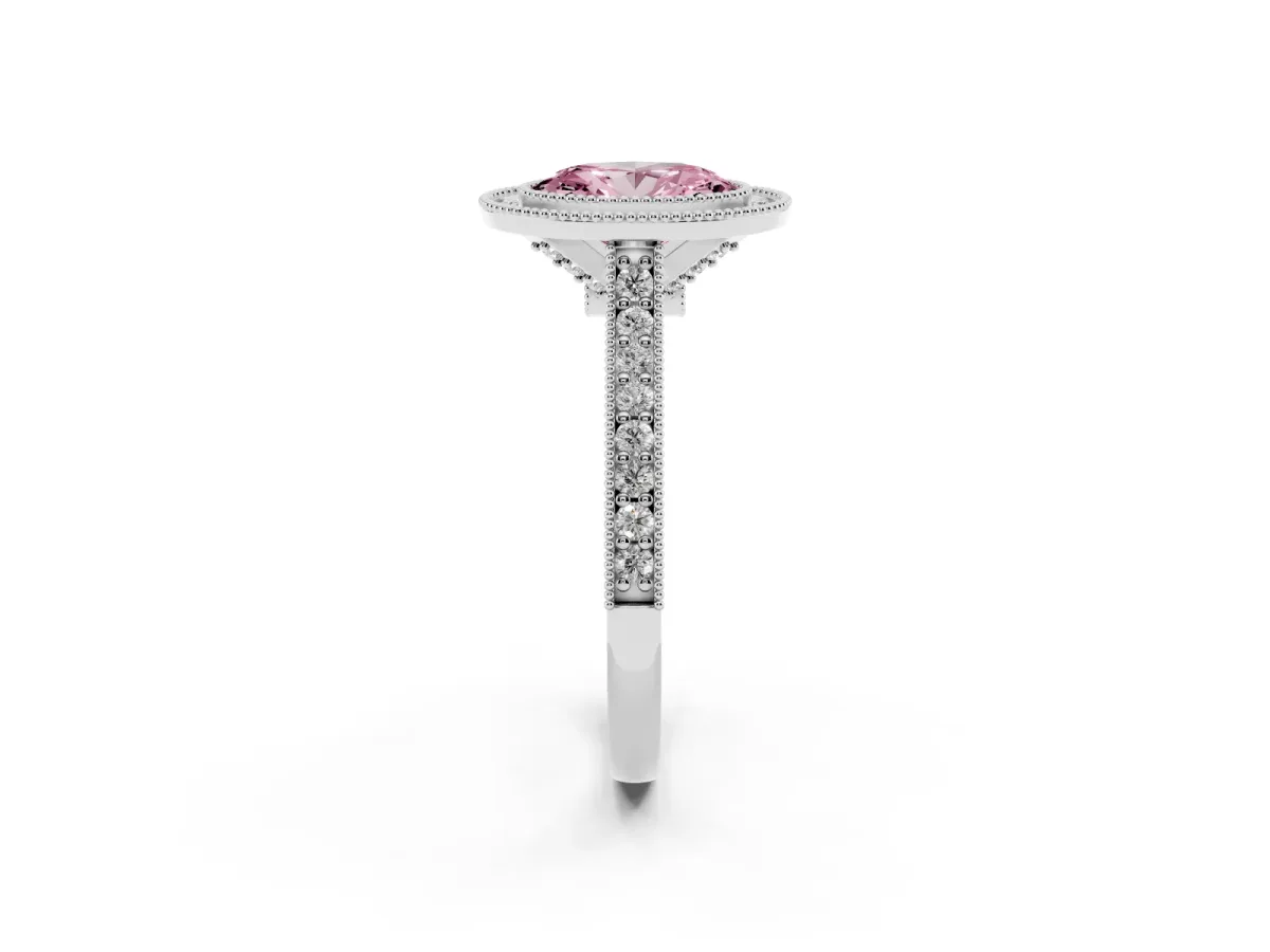 Fancy Pink Halo Oval Cut-Cut Diamond Pave Band Milgrain Prong Setting Ring Silver