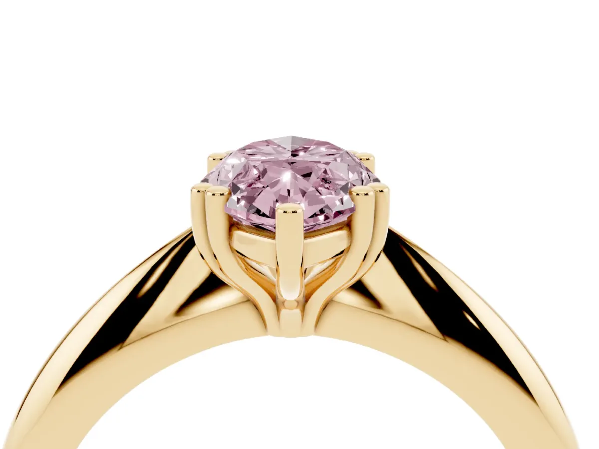 Fancy Pink Marquise Cut Cut Solitaire Engagement Ring with Tapered Band and Four-Prong Setting Yellow gold