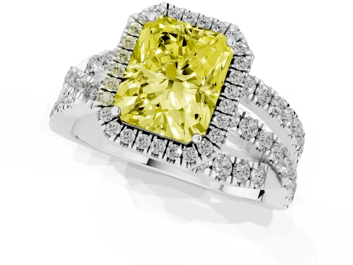 Fancy Yellow Radiant Cut Diamond Halo Ring with Round Split Shank and Prong Setting Silver