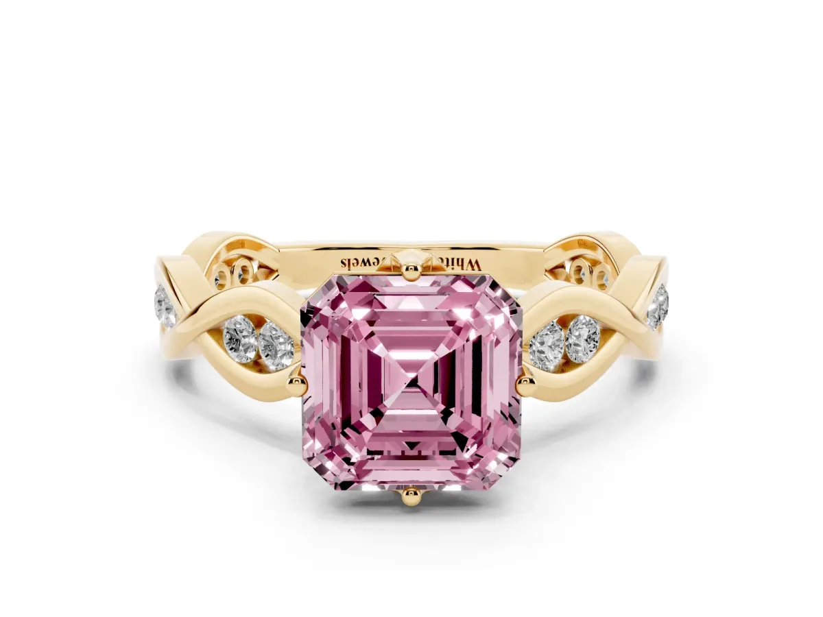 Fancy Pink Asscher Cut Solitaire Twist Band with Leaf Prong Setting Yellow gold