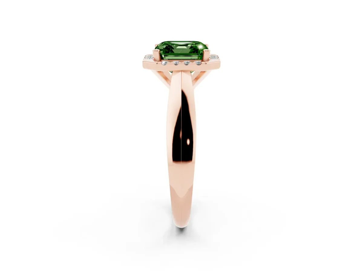 Fancy Green Asscher Cut Cut Halo Solitaire Engagement Ring with Square Band and Four-Prong Setting Rose gold