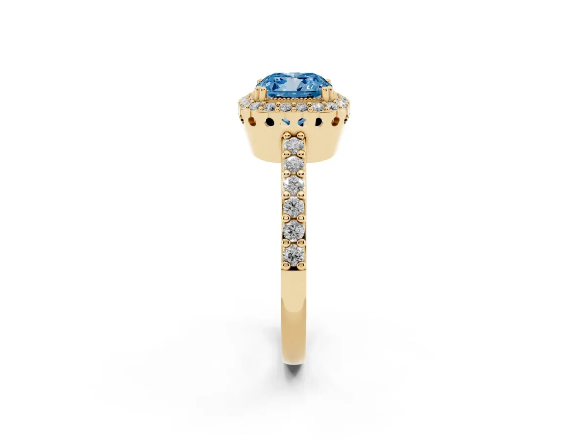 Fancy Blue Cushion Cut Cut Diamond Halo Engagement Ring with Milgrain Detail and Pavé Band Yellow gold