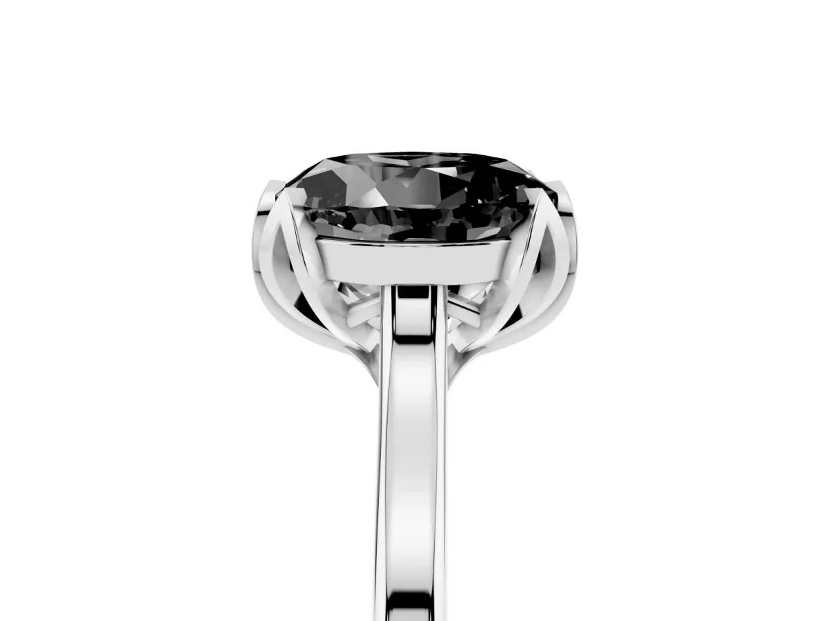Fancy Black Round Cut Diamond Solitaire Ring with Flower Prong Setting and Classic Band Silver