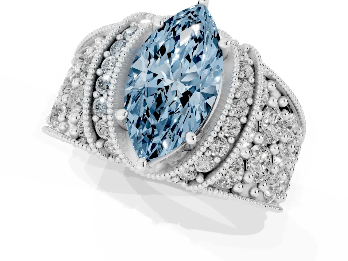 Fancy Blue Marquise Cut Halo Pave Diamond Engagement Ring with Milgrain Detailing White gold