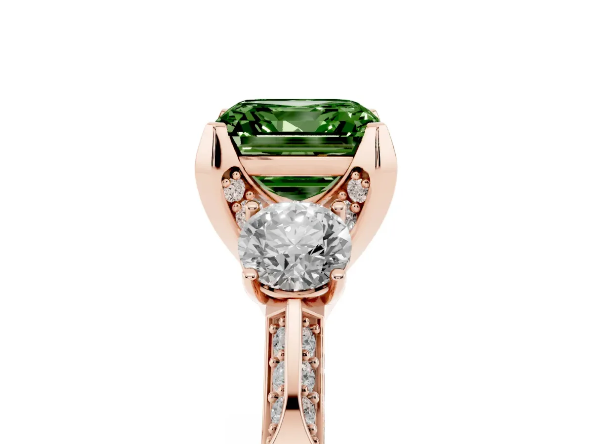 Fancy Green Asscher Cut Brilliant Three-Stone Diamond Ring with Pavé Band and Four-Prong Setting Rose gold