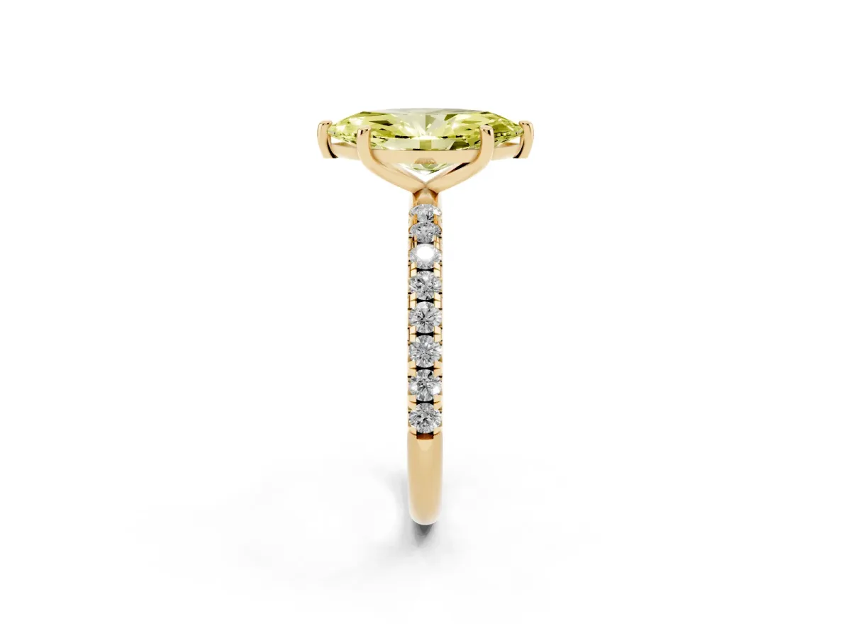 Fancy Yellow Marquise Cut Cut Diamond Solitaire Ring with Micro Pave Band and Four Prong Setting Yellow gold