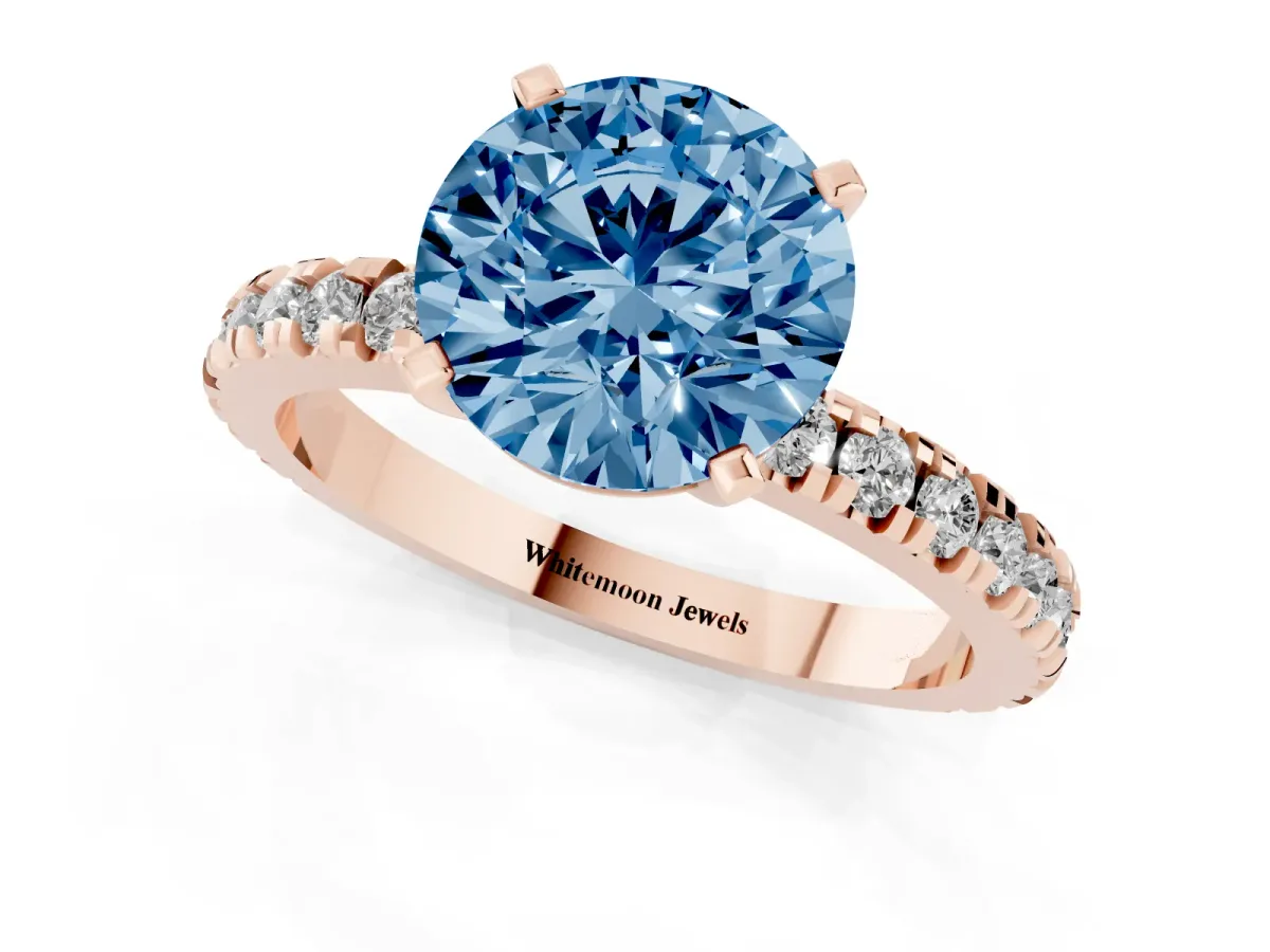 Fancy Blue Round Cut Diamond Pavé Band Solitaire with Four-Prong Setting Rose gold