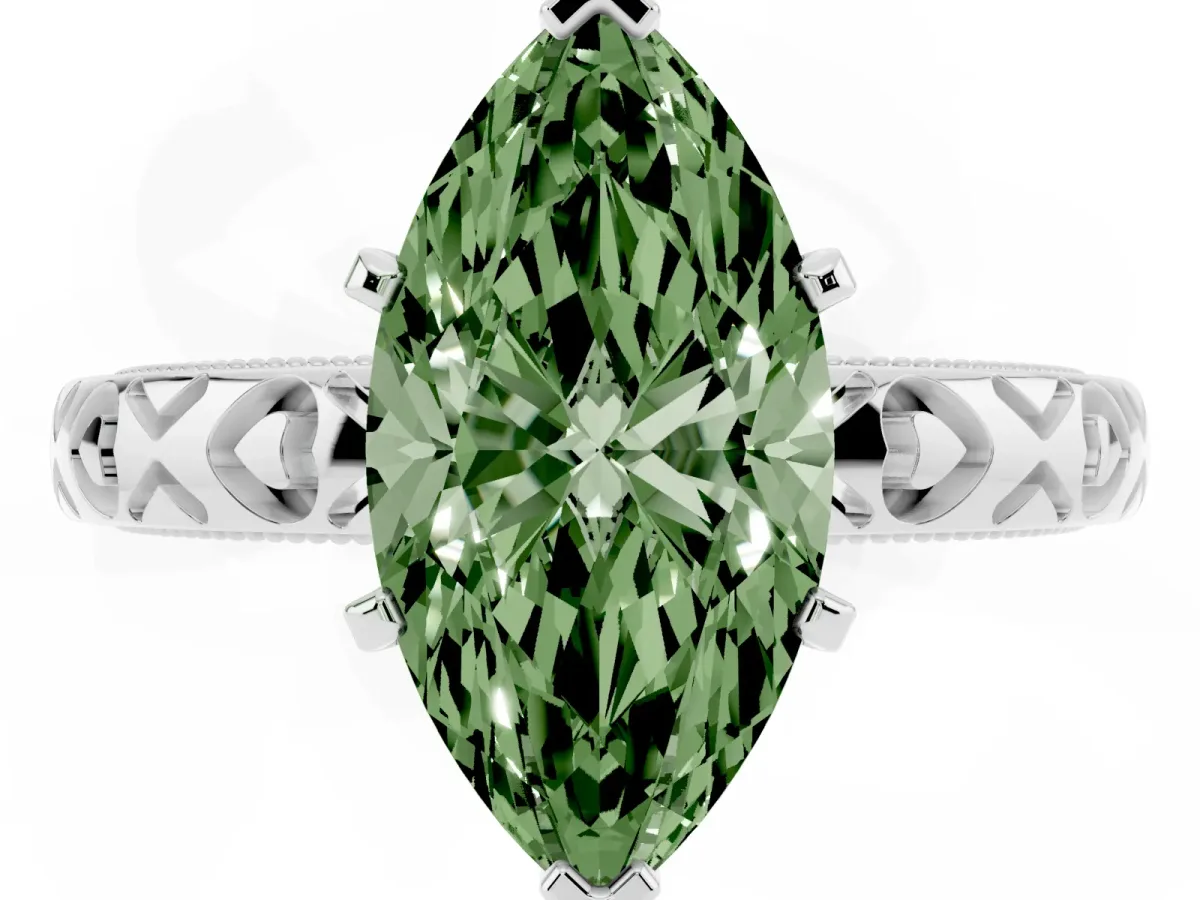 Fancy Green Marquise Cut Solitaire Diamond Engagement Ring with XO Engraved Band and Four-Prong Setting Platinum