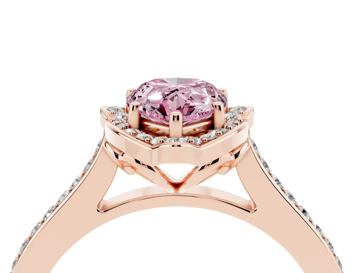 Fancy Pink Pear Cut Halo Round Diamond Pave Band with Four-Prong Setting Rose gold