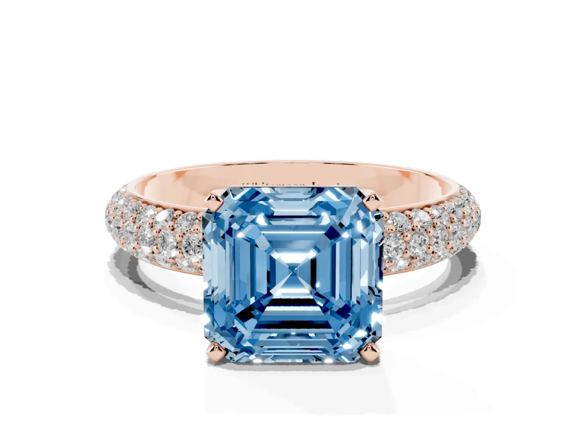 Fancy Blue Asscher Cut Diamond Solitaire Ring with Prong Setting and Pavé Band Rose gold