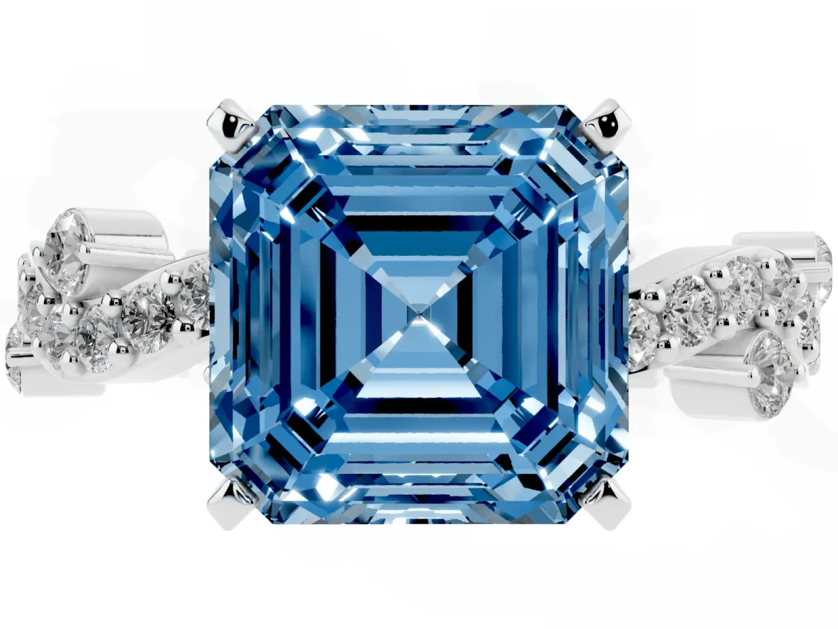 Fancy Blue Asscher Cut Cut Solitaire Diamond Twisted Band with Pave Setting Silver