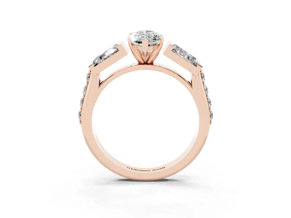 Marquise Cut Diamond Engagement Ring with Baguette Side Stones and Channel Set Band Rose gold