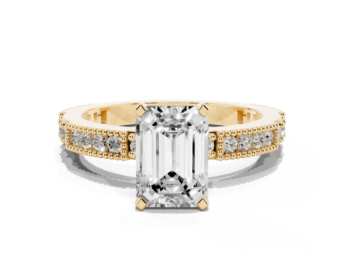 Emerald Cut Solitaire with Pavé Band and Four-Prong Setting Yellow gold