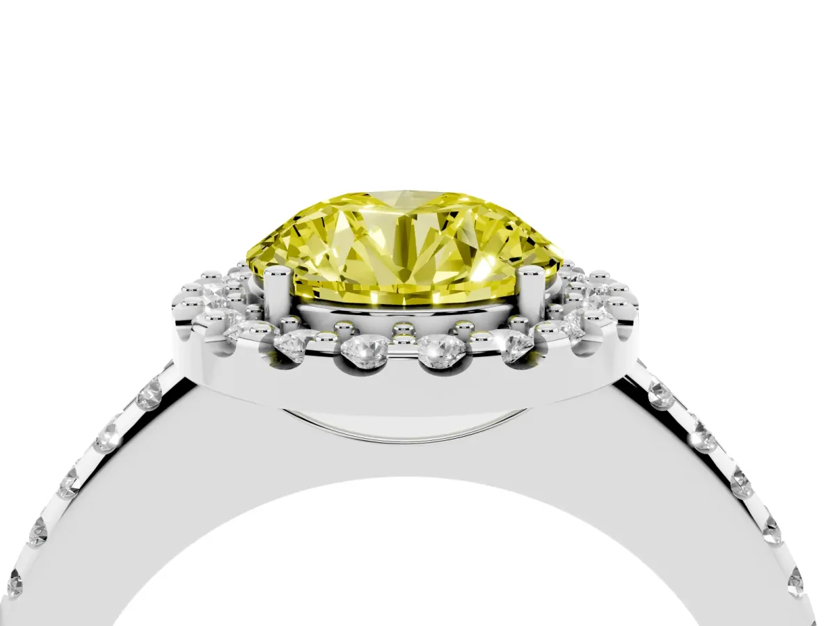 Fancy Yellow Round Cut Diamond Pavé Halo Ring with Four-Prong Setting Platinum