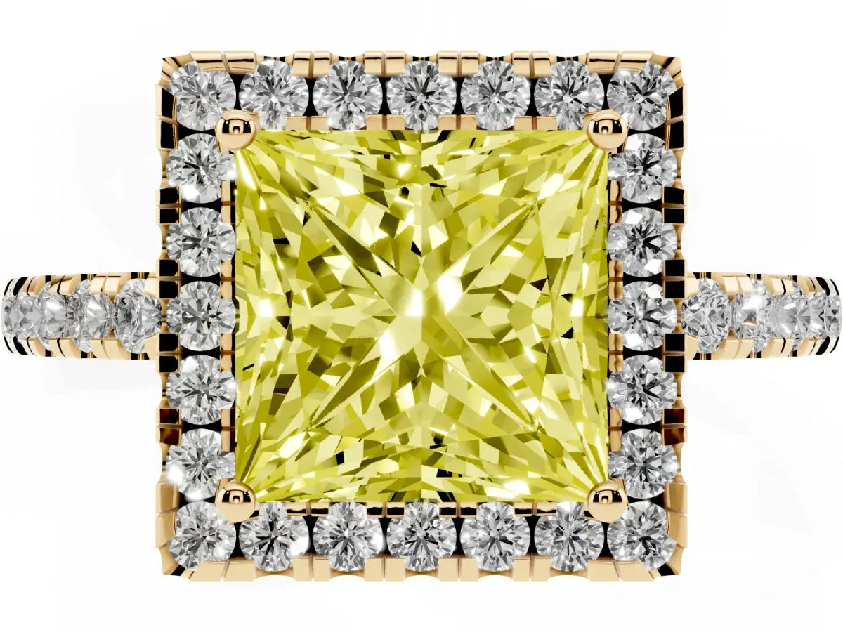 Fancy Yellow Princess Cut Halo Diamond Engagement Ring with Pavé Band and Four-Prong Setting Yellow gold
