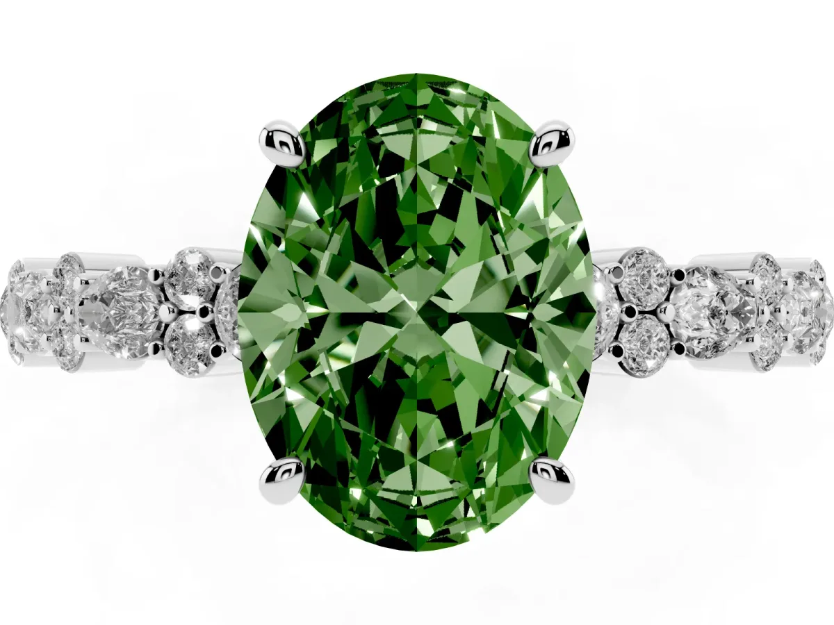 Fancy Green Oval Cut Diamond Side Stone Solitaire Ring with Round and Four-Prong Setting Silver