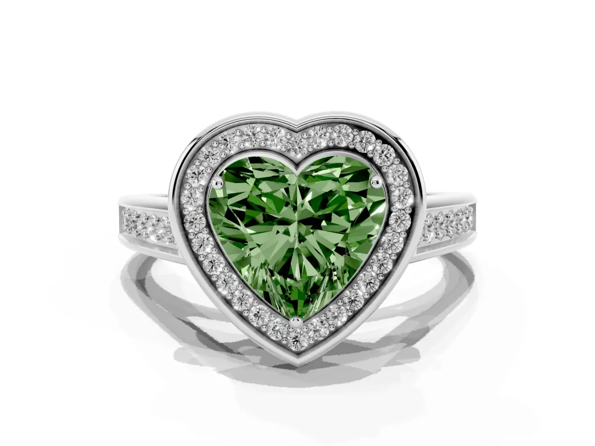 Fancy Green Heart Cut Halo Solitaire Diamond Ring with Pave Band and Bezel Setting Platinum