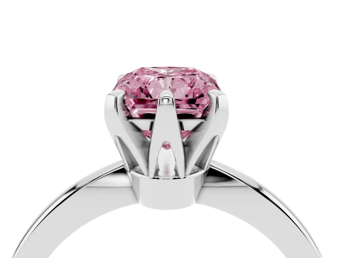 Fancy Pink Radiant Cut Solitaire Engagement Ring with Six-Prong Setting and Tapered Band Platinum