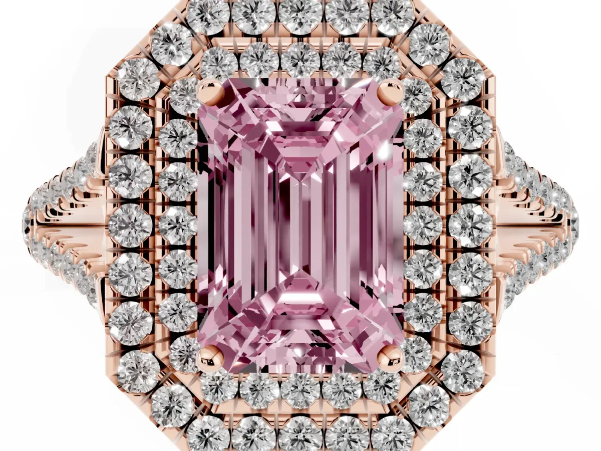 Fancy Pink Emerald Cut Diamond Double Halo Ring with Pavé Band and Prong Setting Rose gold