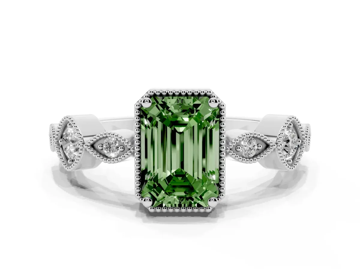 Fancy Green Emerald Cut Diamond Vintage Milgrain Ring with Round Stations Silver