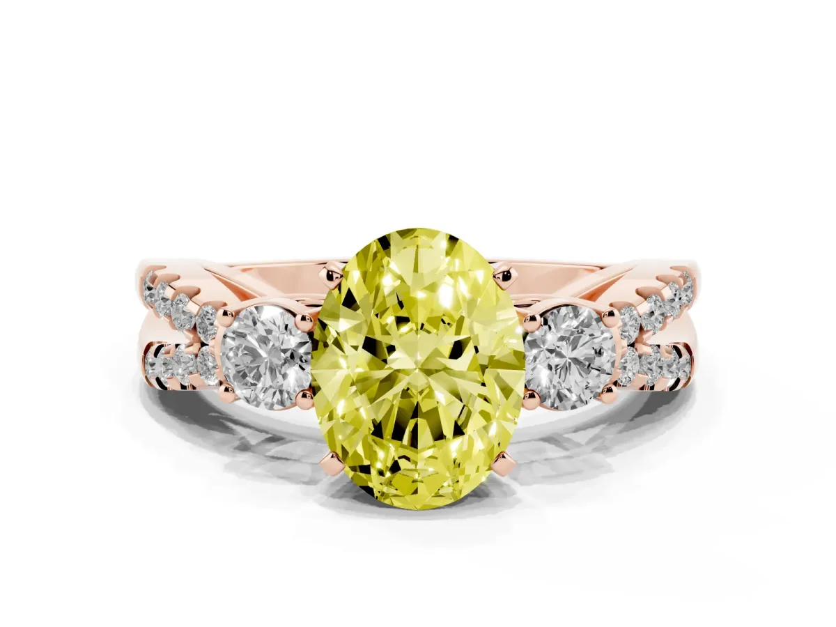 Fancy Yellow Oval Cut Diamond Three-Stone Ring with Pavé Split Shank and Four-Prong Setting Rose gold