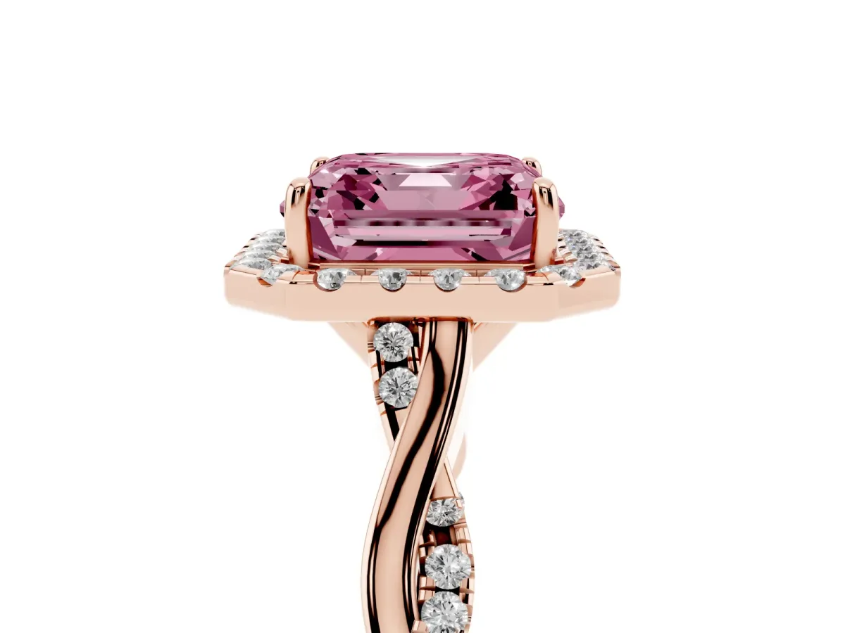 Fancy Pink Asscher Cut Halo Twist Band Solitaire Ring Rose gold