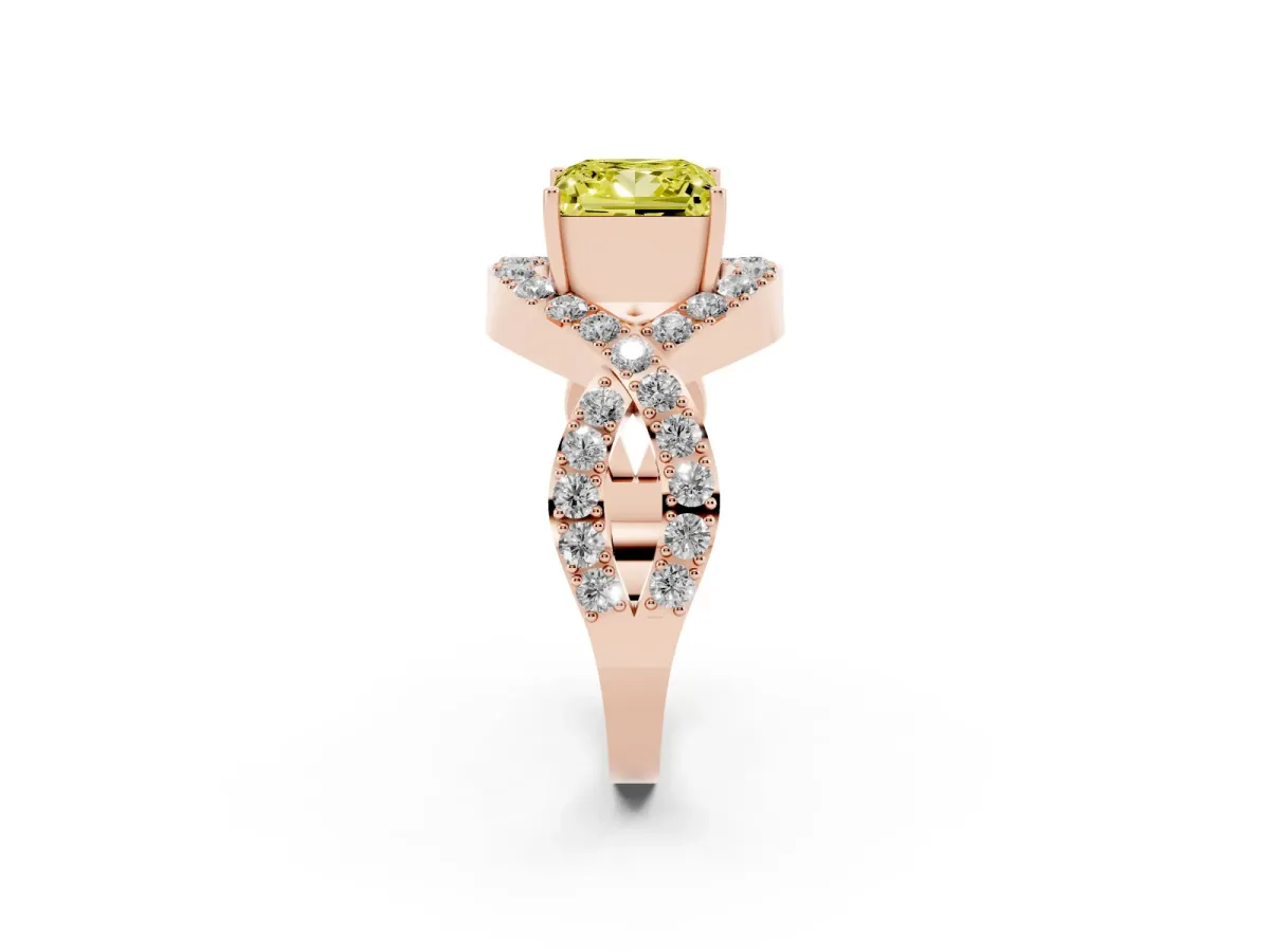 Fancy Yellow Princess Cut Solitaire Twist Band Pavé Diamond Engagement Ring Rose gold