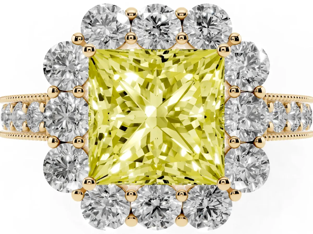 Fancy Yellow Princess Cut Cut Halo Diamond Pavé Engagement Ring with Milgrain Detailing Yellow gold