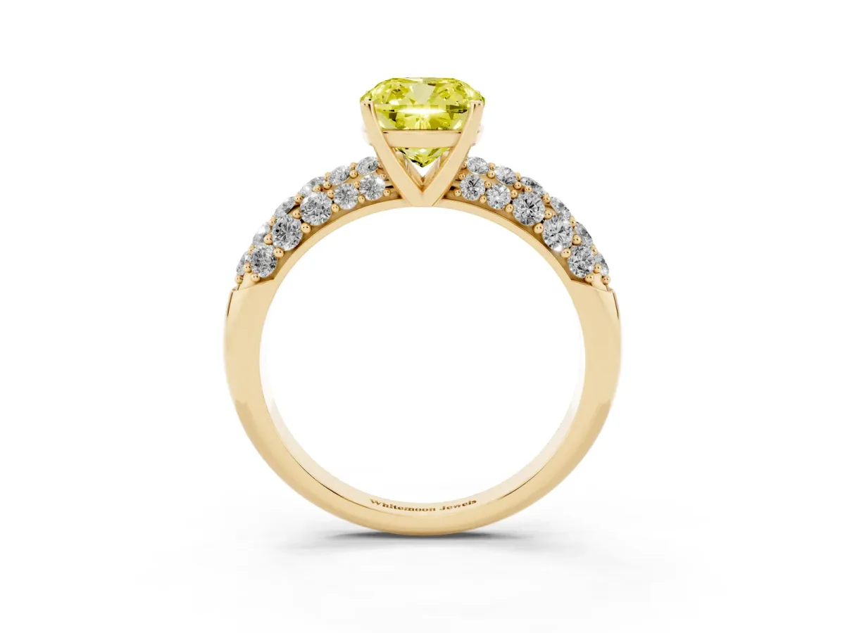 Fancy Yellow Cushion Cut Diamond Pavé Band Solitaire Ring with Four-Prong Setting Yellow gold
