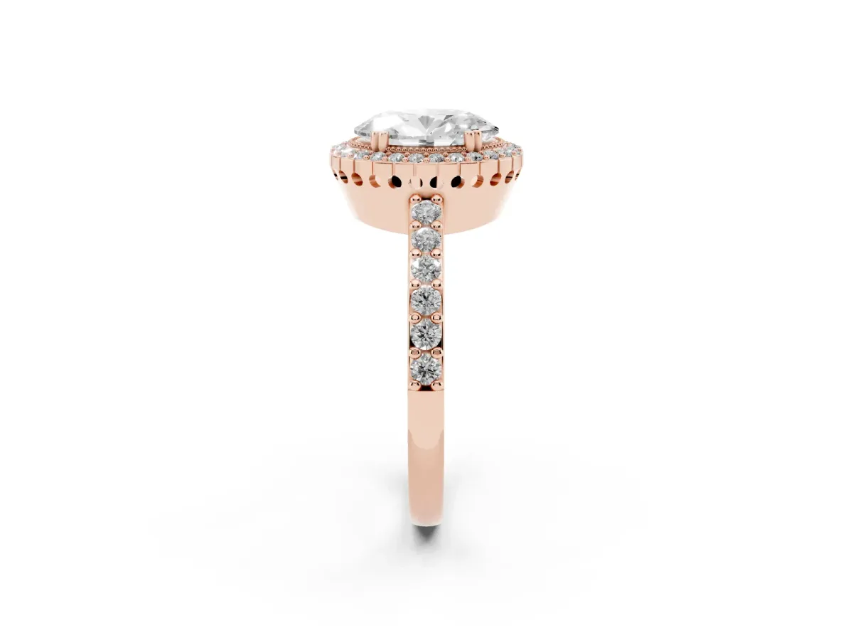 Oval Cut Cut Diamond Halo Engagement Ring with Milgrain Detail and Pavé Band Rose gold
