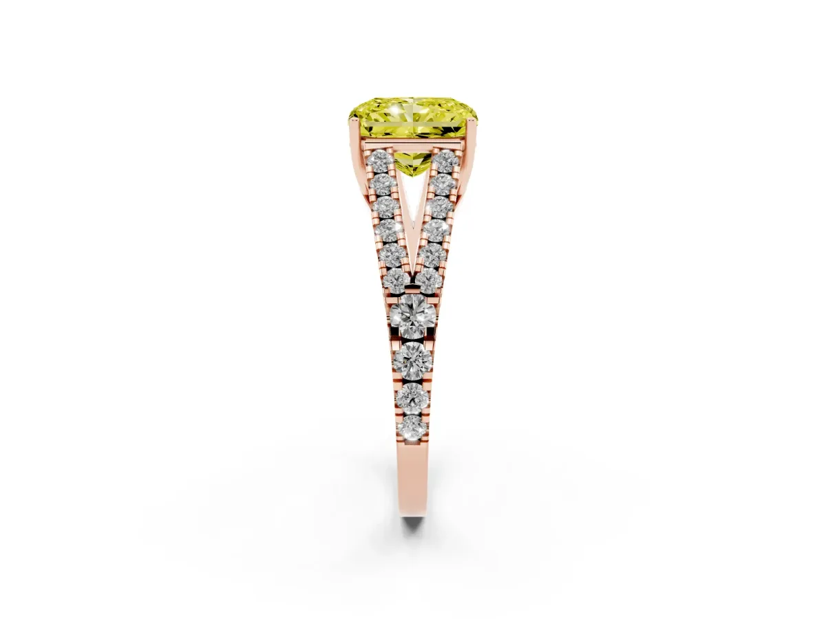 Fancy Yellow Radiant Cut Diamond Split Shank Engagement Ring with Round Pavé and Prong Setting Rose gold