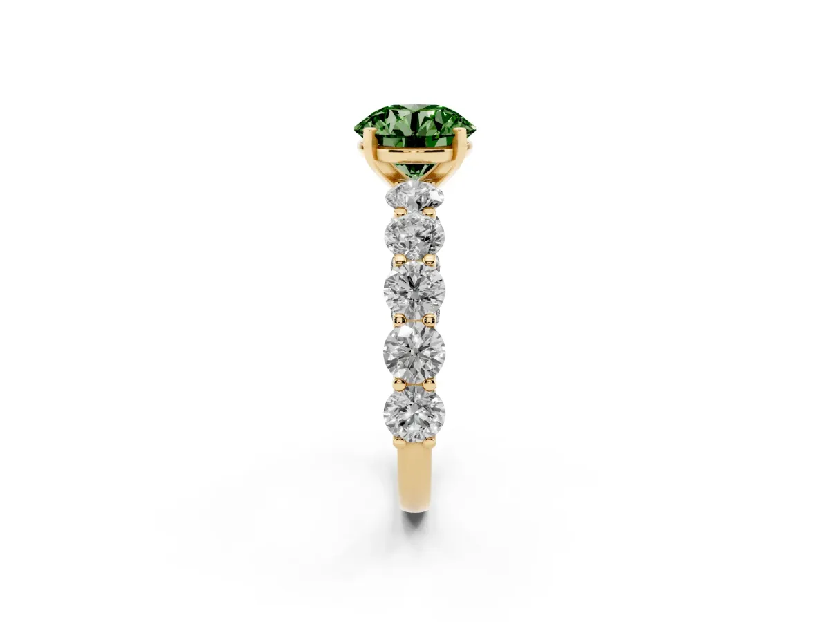 Fancy Green Round Cut Diamond Prong Setting with Side Stones on a Pave Band Yellow gold