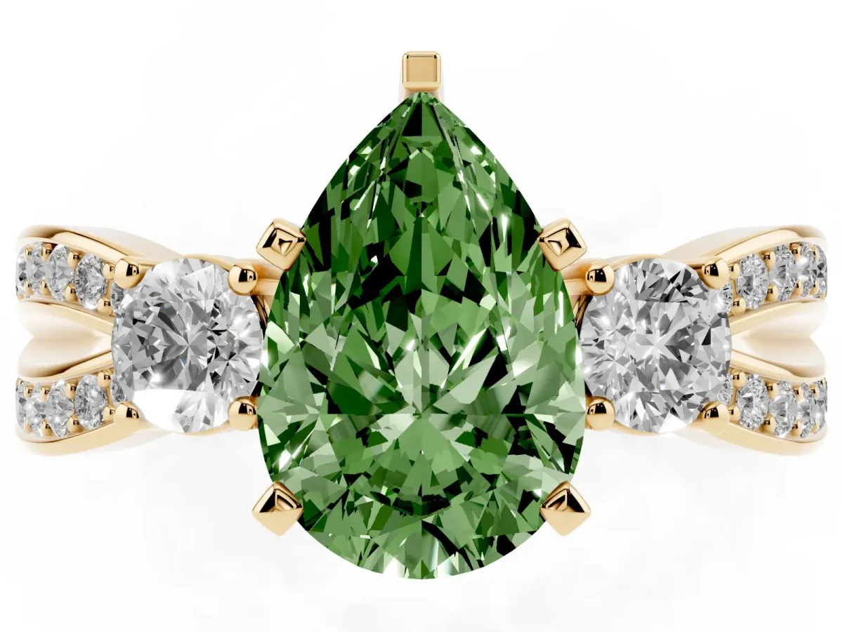 Fancy Green Three-Stone Pear Cut Cut Diamond Twist Band with Prong Setting Yellow gold