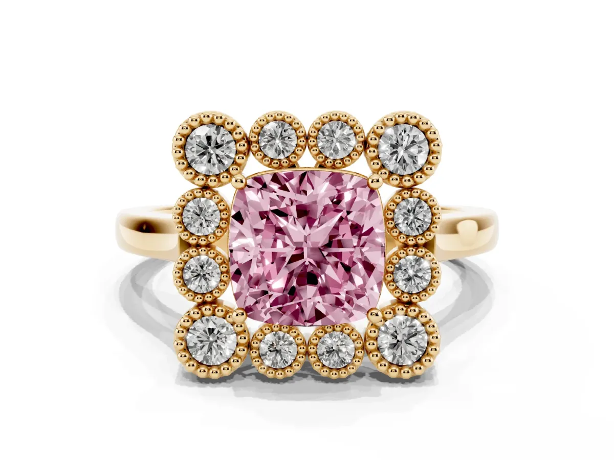 Fancy Pink Cushion Cut Halo Diamond Cluster Engagement Ring with Milgrain Bezel Setting and Solitaire Band Yellow gold